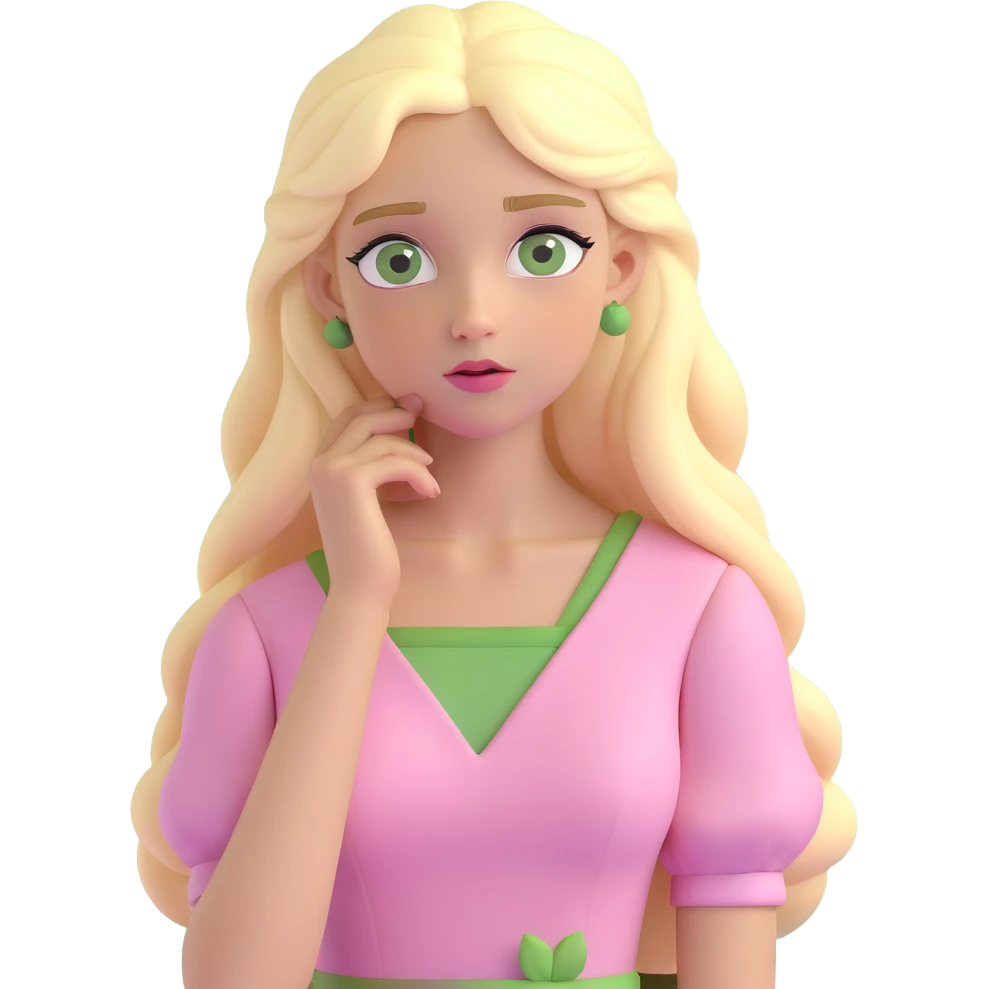 a 3d IOS realistic style emoji of a blonde with long hair and swamp eyes in a pink pastel dress thoughtful emoji
