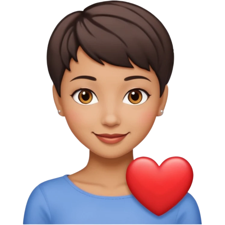 woman pixie cut dark brown hair, tan skin, brown oval eyes, heart shaped face emoji