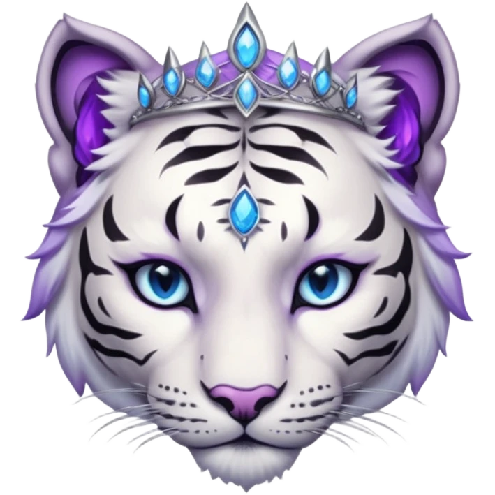 ESO Female white/black tiger khajiit leader of the umbral rose, glowing blue eyes, glowing blue 'third eye' gem; beautiful desined purple gemmed silver tiara emoji