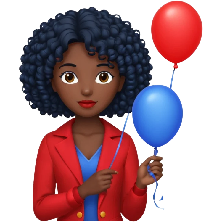 woman with curly black hair and dark face red costume, holding blue balloon emoji