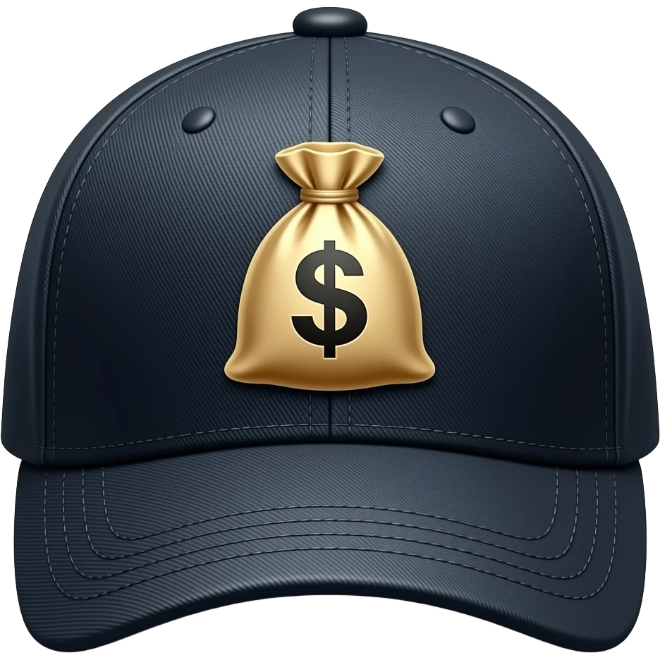 (вид сверху): темная бейсболка. На козырьке сверху глянцевый принт мешка с деньгами. Текстура сукна. Контрастное освещение, яркие золотые детали. emoji