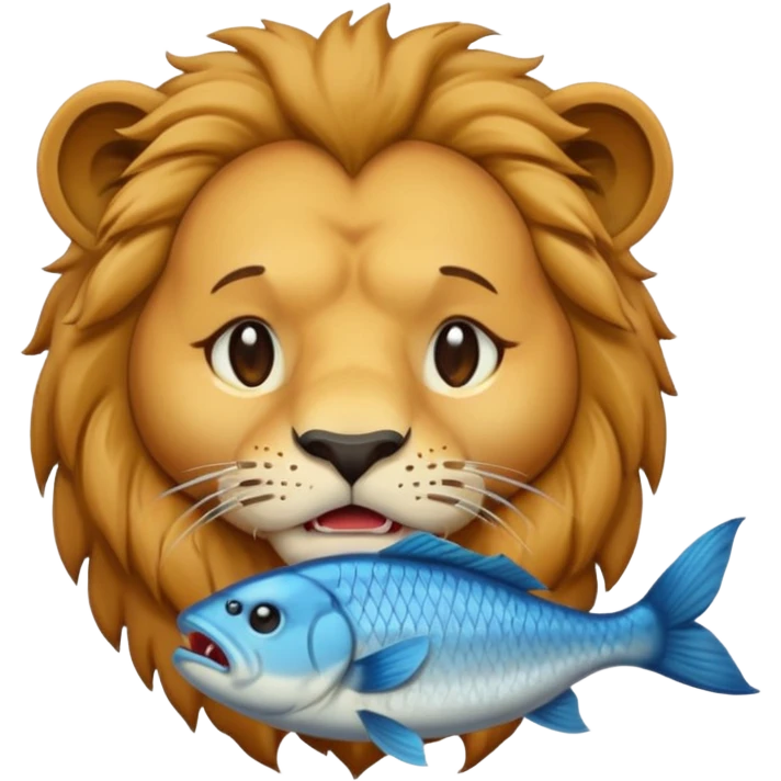  A lion eating a fish, feeling sad, cry, portrait, bust up emoji