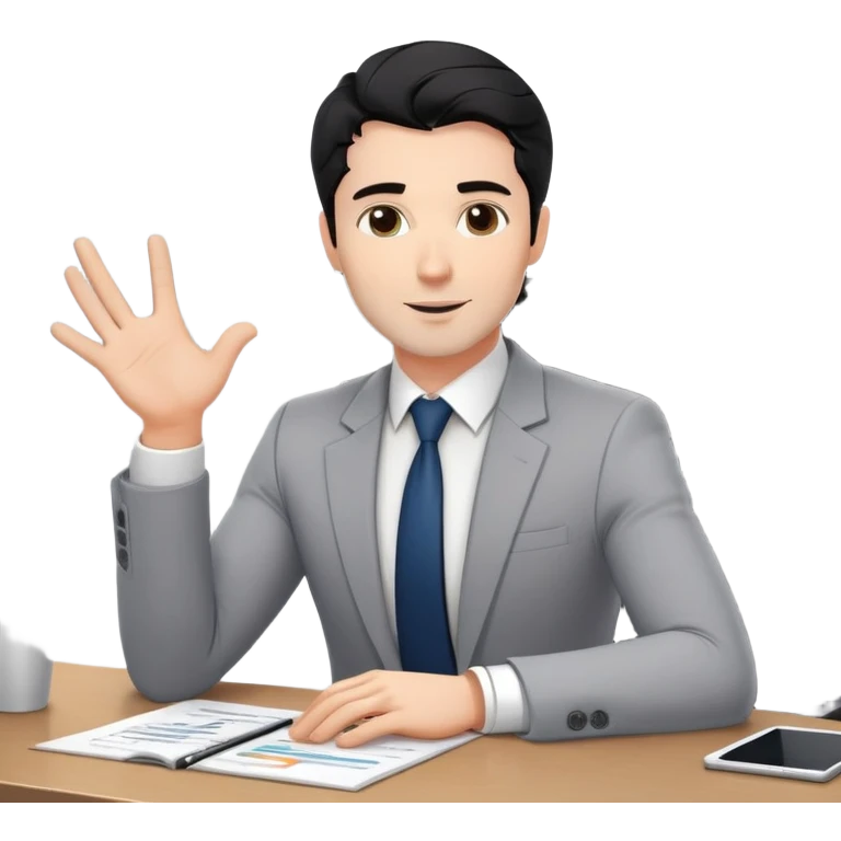 Professional 35-year-old business consultant with black wavy hair, stubble, strong jawline, white skin tone, wearing smart casual business attire, sitting at a table with clients, gesturing confidently while explaining a business strategy emoji