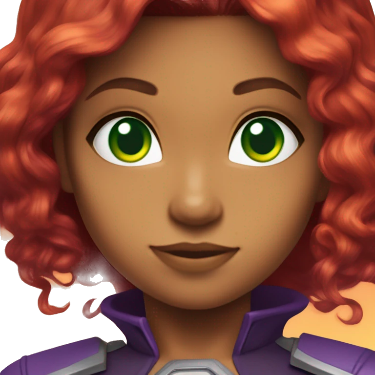 dc comics starfire firey red hair; purple and silver outfit; green eyes emoji