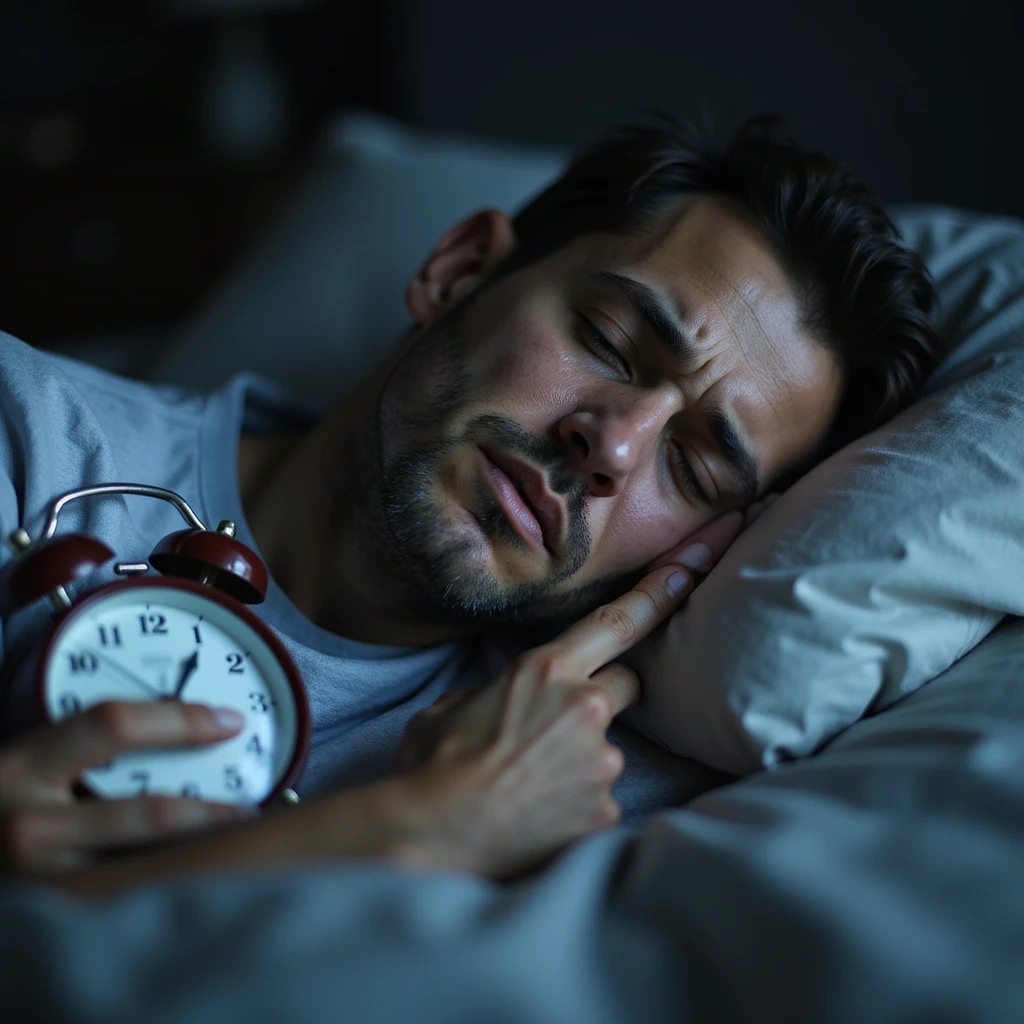 hyperrealistic 4K image of an adult man sleeping too little, tired face with marked dark circles, stressed expression, lying in bed with alarm clock showing 5:00, cold morning light, atmosphere of tiredness and stress emoji