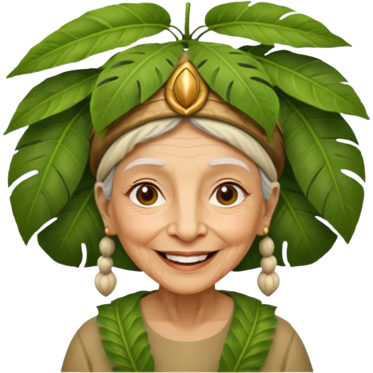 a old woman with jungle wearing a large leaf headgear bye  emoji