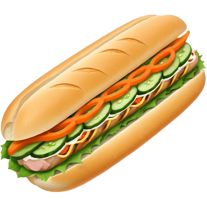make it cute, chibitraditional banh mi with char grilled pork


    Very crusty baguette

    Mayo 

    Pickled carrot 

    Cucumber, coriander/cilantro, green onion, chilli 
 emoji