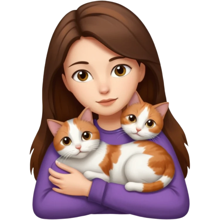 Brunette woman with long hair cuddling one short haired calico cat emoji