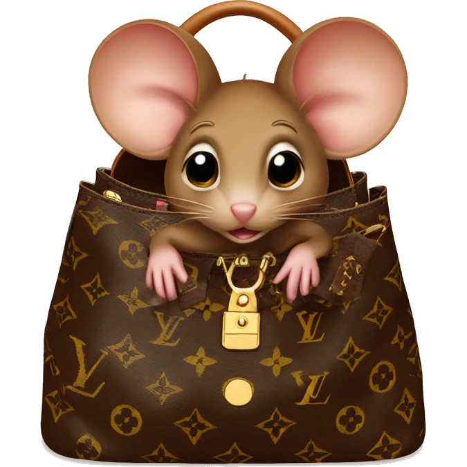 Brown mouse is sitting in a louis vuitton bag emoji