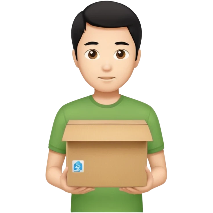 black haired asian man green shirt holding cardboard box emoji