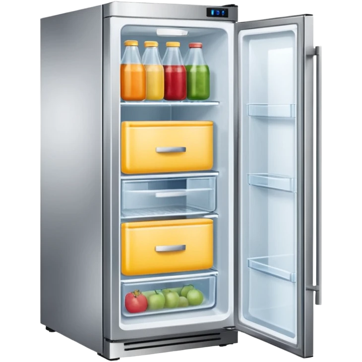 A refrigerator with a transparent front glass divided into three compartments, empty and unfilled. The refrigerator faces forward. It must be divided into three compartments and must have three drawers. emoji