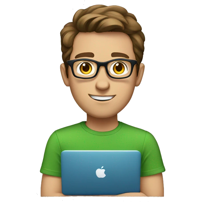 white young man with blue eyes and brown hair and square glasses wearing green t-shirt with laptop emoji