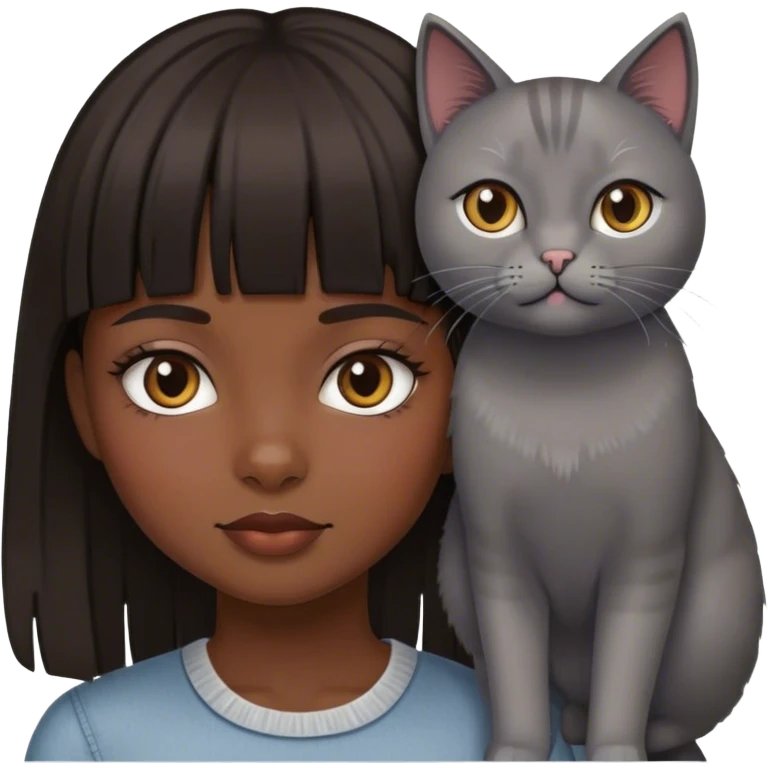 Dark Brown hair girl with fringe and a grey cat emoji