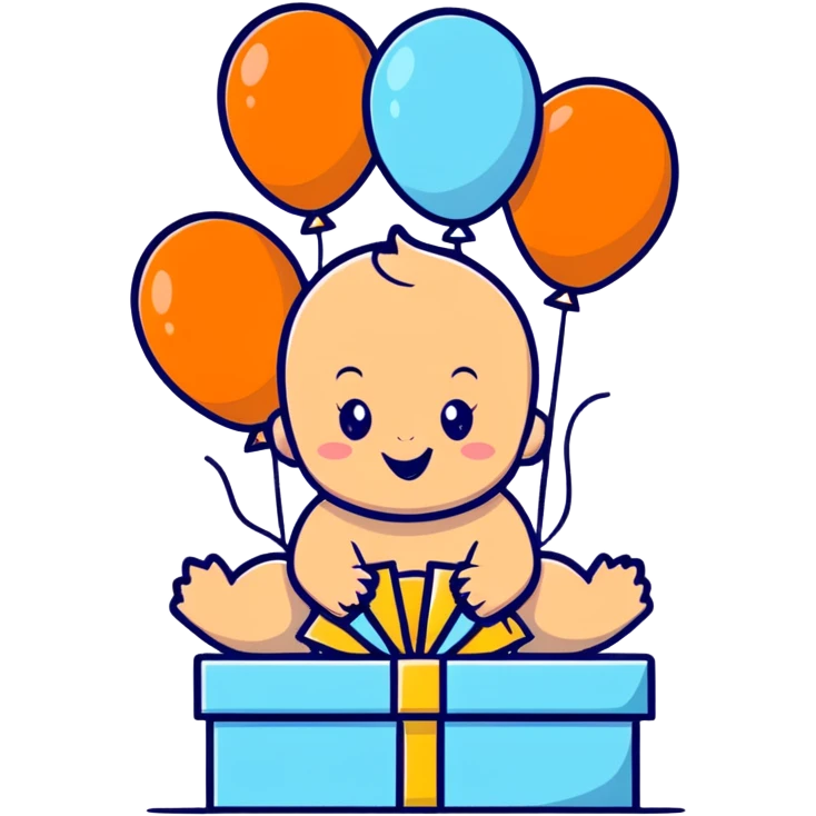 happy baby surrounded by pastel blue balloons and presents at birthday party emoji