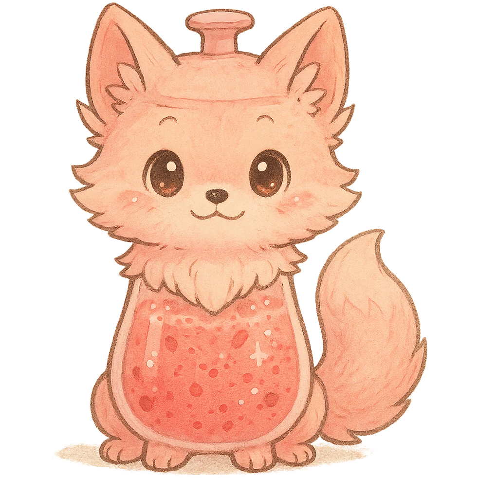 a chibi blender as a soft, fluffy fox with a transparent body filled with fruity smoothie, sparkling eyes, pastel pink, full-body emoji
