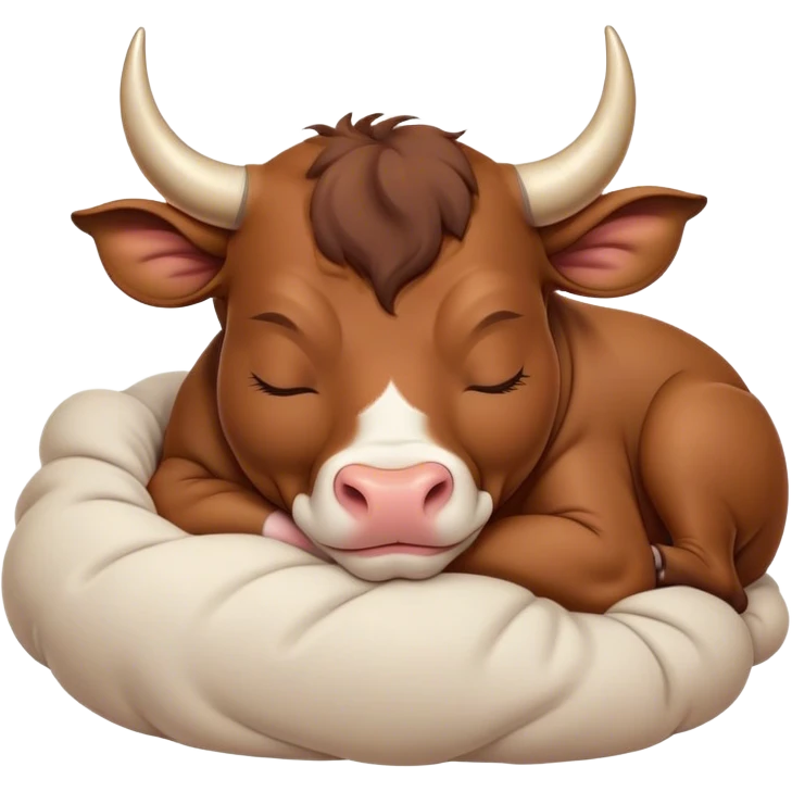 Meme-Worthy Cute Sleeping Domestic Bull Portrait Emoji, Head resting peacefully with a contented smile, showcasing a robust, muscular build and a luxuriously soft coat, eyes gently closed in serene, restful slumber, Simplified yet hilariously adorable features, highly detailed, glowing with a soft, drowsy natural light, high shine, relaxed and utterly lovable, stylized with an air of playful laziness, soft glowing outline, capturing the essence of a sleeping domestic bull that feels destined to become the next viral sensation of adorable rest! emoji