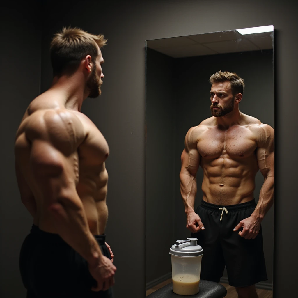 realistic bodybuilder man in cutting phase, standing shirtless in front of mirror, worried look at reflection, muscles slightly smaller and deflated, visible but less full veins, gym background with dim light, protein shaker on bench, expression of frustration or doubt emoji