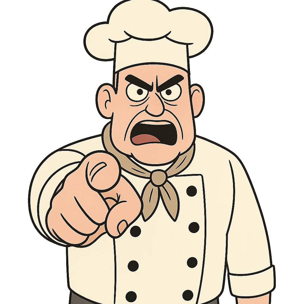 a chef with stern eyebrows, pointing directly at the viewer, drill sergeant attitude, 2D cartoon style emoji