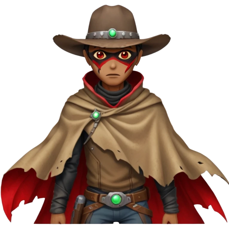 A rugged alien outlaw cowboy with scars and glowing red eyes, torn futuristic poncho, standing in a deserted alien town, dust blowing through empty streets, moody shadows, gritty sci-fi western realism
 emoji