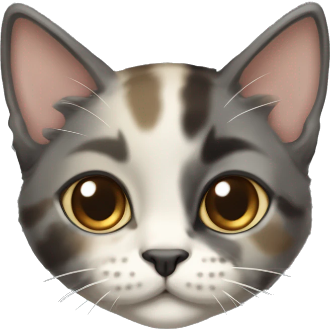 A cute medium fur kitten who is a diluted tortie, grey with cream left cheek and cream spot above eye and one on the forehead emoji