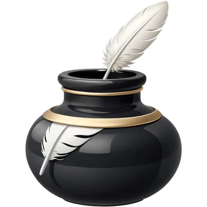 minimalistic vintage ink pot, white, with a graceful white feather quill, glossy finish, feather lightly curved and immersed in ink, black background, emoji style emoji