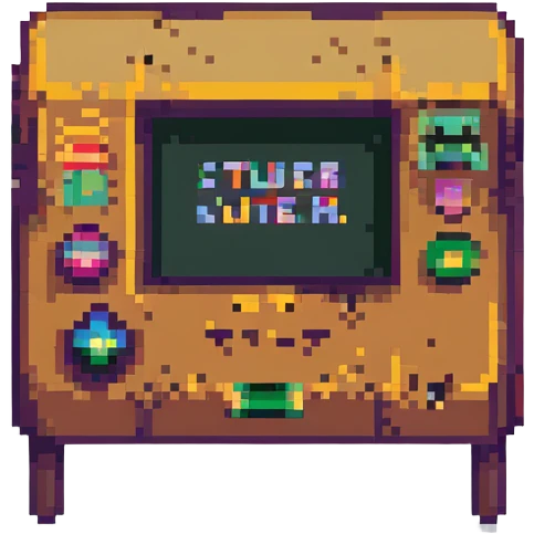 'STUer' written in pixel art, mimicking old video game title screens, bold and readable emoji