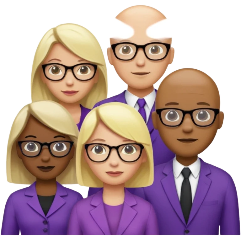 FIVE person team; 2 men and 3 women.  All dressed in yellow or purple.  Women have blonde and ash blonde hair.  1 man is black and bald, 1 man is caucasian and very little hair left.  All have glasses emoji