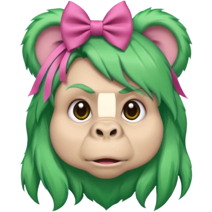 green haired gorilla head with pink hair bow, no text, slightly different expression emoji