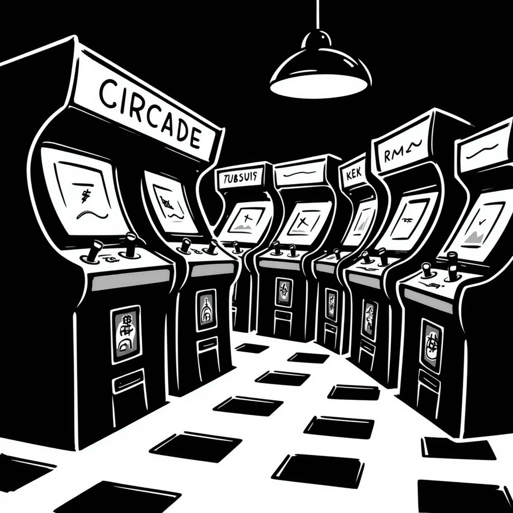 An 80s arcade with glowing machines and neon flooring emoji