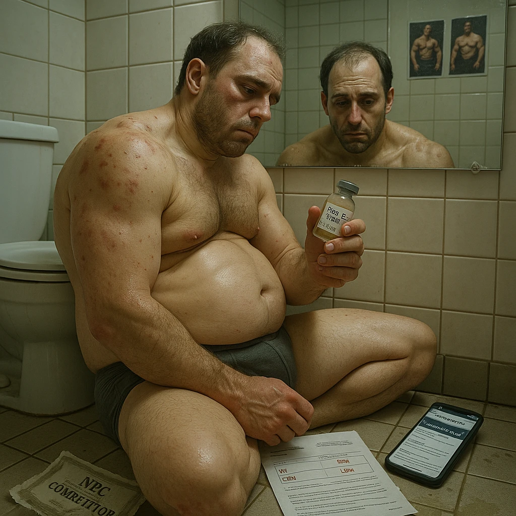 A 35-year-old bodybuilder sits shirtless on a bathroom floor, clutching an empty vial labeled "Test E 250mg". His physique shows the paradox of PED abuse: bloated stomach (high estrogen), atrophied testicles (shrunken in underwear), but zero exceptional muscle gains.  

Hyper-detailed elements:  
- **Needle marks** (track lines) on glutes with fresh bruising  
- **Acne clusters** on shoulders (CYP-induced)  
- **Lab papers** showing crashed LH/FSH (HPTA suppression)  
- **Phone screen** glowing with forum posts: "No gains after 8 cycles"  

The mirror reflects his exhausted face (dark circles, receding hairline) contrasting with gym selfies on the wall showing his younger natural self. A torn "NPC Competitor" certificate floats in dirty water.  

Photorealistic style with:  
- Clinical lighting (fluorescent bathroom bulbs)  
- Subsurface scattering on inflamed skin  
- Macro details of scar tissue from injections  
- Time-stamped vial (proving bi-weekly use)   emoji