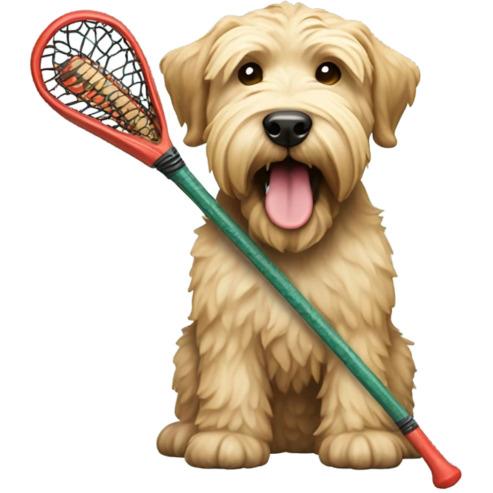 Wheaten terrier  holding a lacrosse stick in its mouth stick emoji
