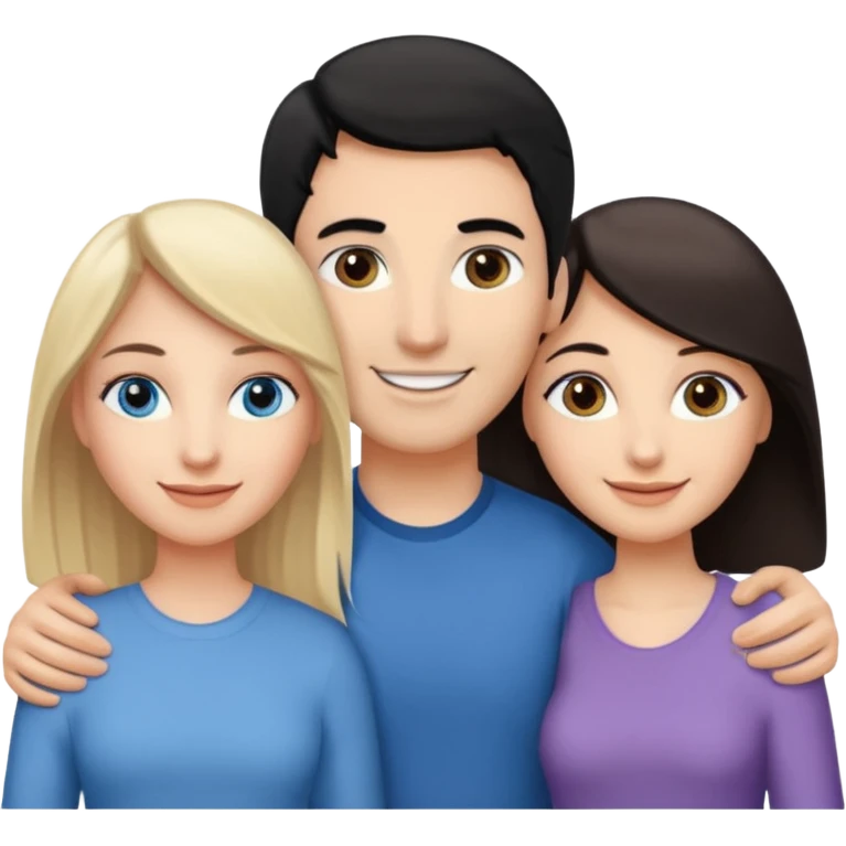 3 people. Throuple. Blank woman with blond hair and blue eye color on left. And also a blank man with black hair and grey eye color in the middle. And a blank woman with brown hair and grey eye color on the right. Holding each other emoji