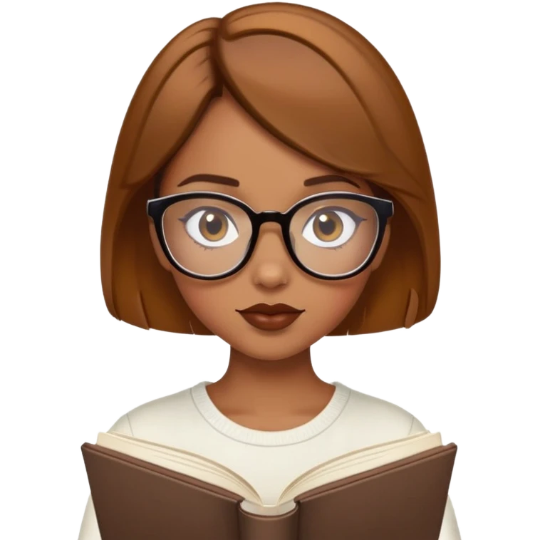 A caramel skin tone girl with short honey brown hair, over sized glasses brown lipgloss reading a book emoji