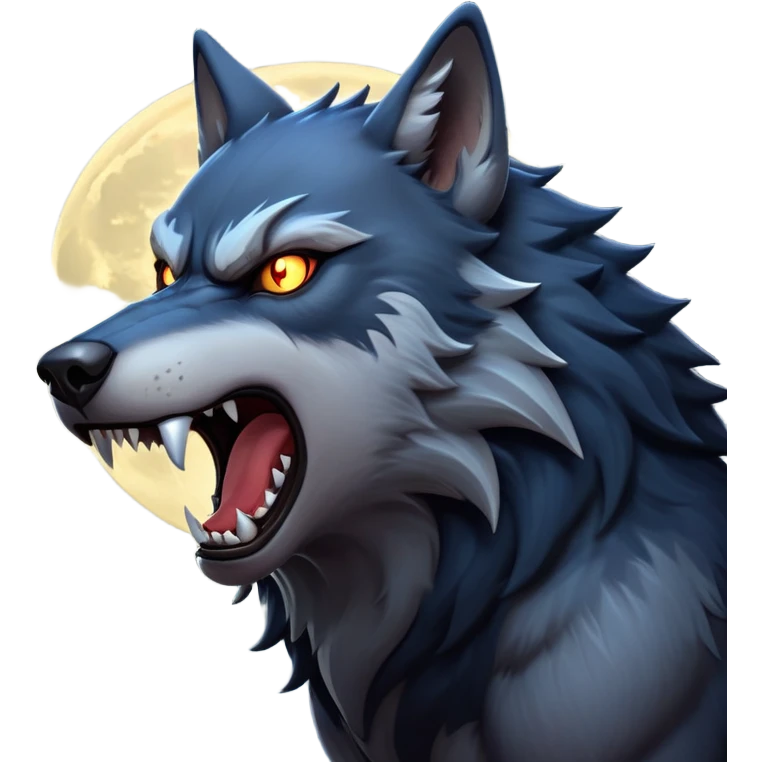 cinematic-noble-fierce-werewolf-howling-portrait-emoji, poised-and-imposing, with a fierce wolfish face tilted upwards in a haunting howl, glowing eyes full of primal ferocity, sharp, and a rugged snout, fur rippling in shades of midnight black and silver, muscles tensed as the powerful howl echoes beneath the moonlit sky; rendered with realism, capturing the raw, untamed power of the beast in its wild, primal state emoji