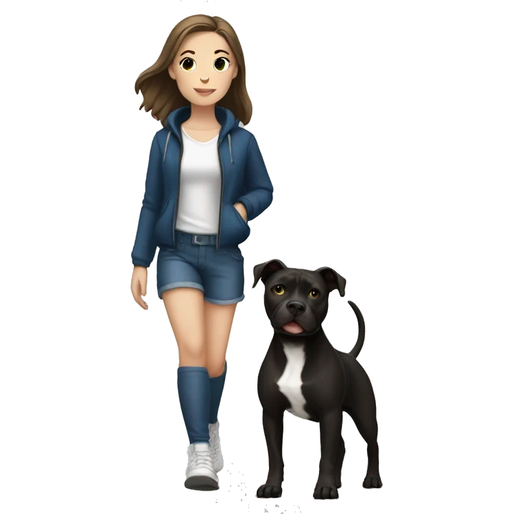 White brunette Girl walking a black pit bull emoji