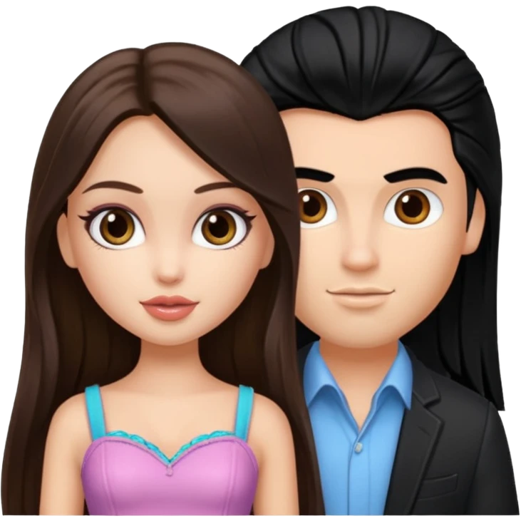 a pretty fair bratz girl with long brown hair and white bratz man with black hair emoji