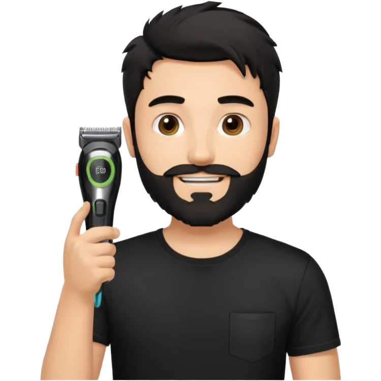young handsome fair-skinned man with messy black hair and beard, smiling, wearing a black t-shirt, holding a single face beard trimmer in one hand, trimmer true to real size emoji