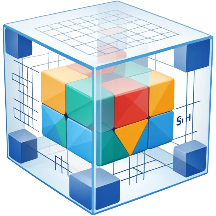 An icon featuring a transparent cube with geometric sections and mathematical calculations, symbolizing the study of mathematics. The design includes algebraic formulas, graphs, and mathematical symbols, representing advanced mathematical concepts and problem-solving. Transparent background emoji