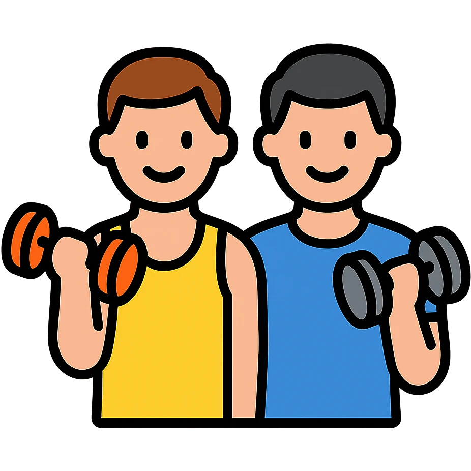 two male gym buddies lifting weights, minimal and recognizable icon style emoji