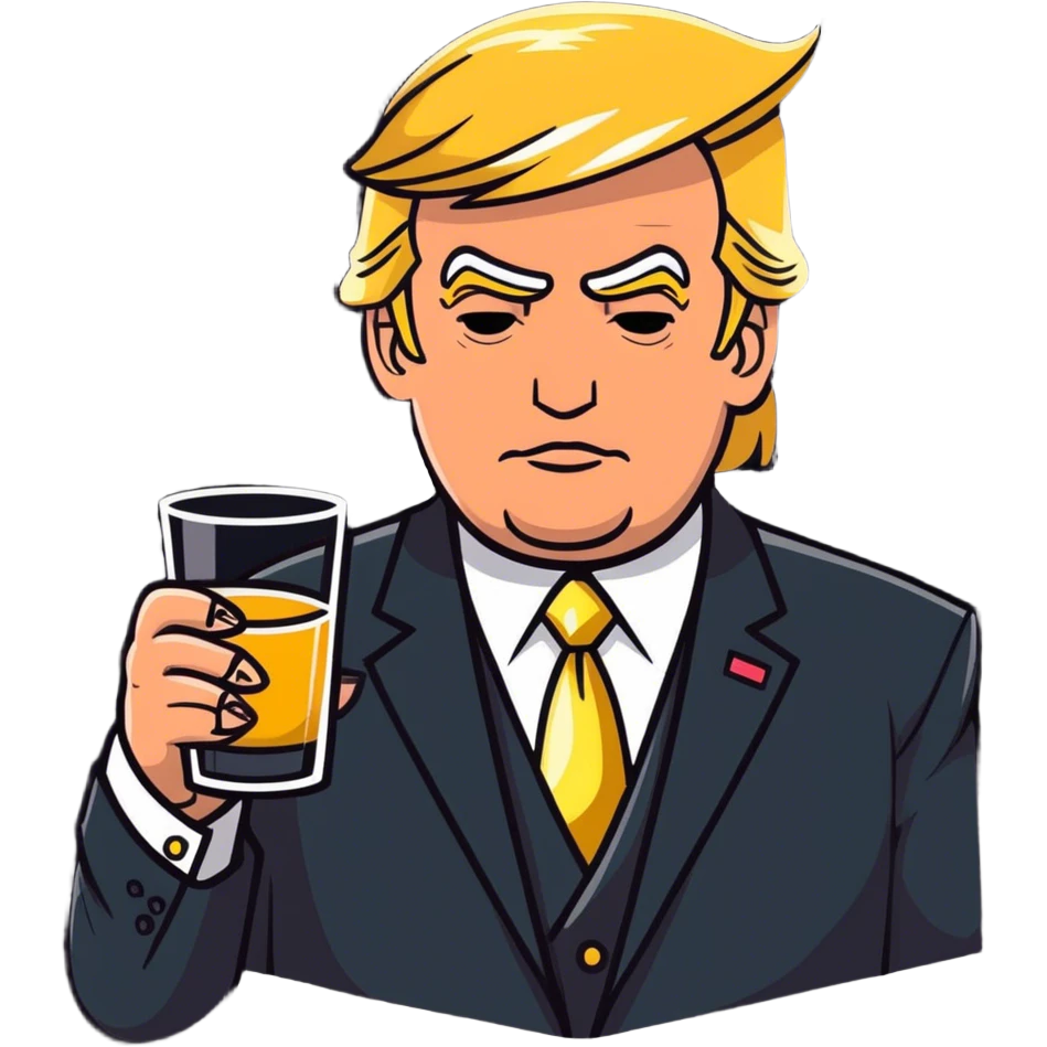 Trump in a suit, but with veneers, chains, and tattoos on his face. He is holding a glass in his hands. emoji