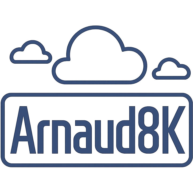 logo with 'Arnaud8K' in a sleek, geometric style, emphasizing professionalism and simplicity emoji