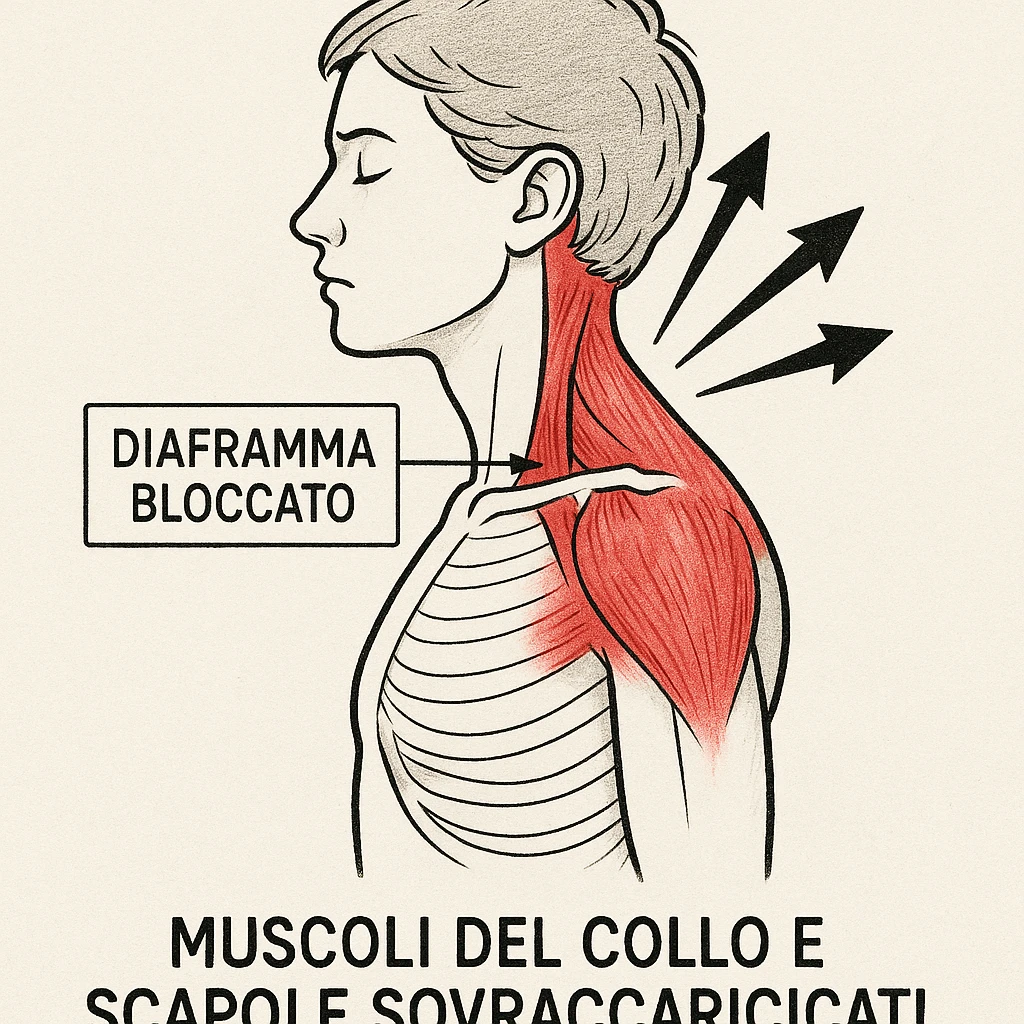 schema didattico con diaframma bloccato, muscoli del collo e scapole sovraccaricati, frecce che indicano la tensione, didascalia in italiano emoji