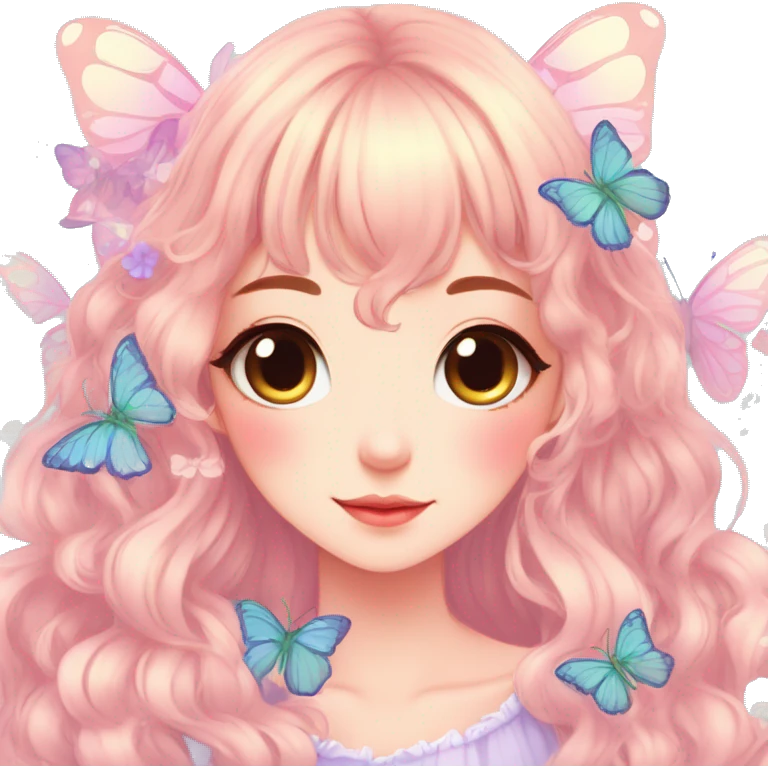 Cute kawaii gorgeous pretty anime cartoon pastel lady with butterflies and beautiful hair fairycore cottagecore detailed high quality trending aesthetic emoji