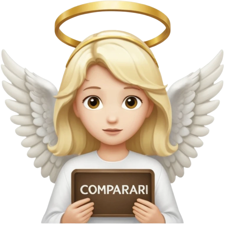 "An angel emoji with blonde hair, a halo, wings, holding a 'COMPARTILHAR' sign in bold letters." emoji