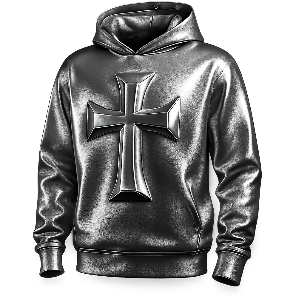 hoodie with a large chrome cross on the front, 3D metallic style, highly reflective, simple background emoji