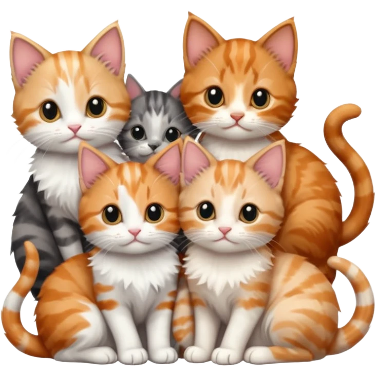 6 tiny kittens cuddling together all different colours, the first one is grey and white, the second is ginger and white and the third is brown tabby and white emoji
