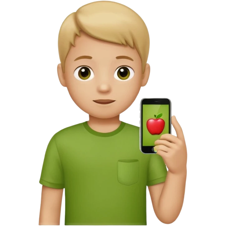 A little kid holding a phone, apple style emoji, wearing a green shirt. emoji