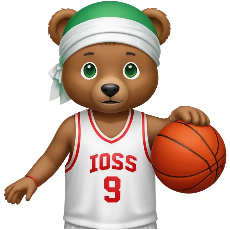 Cool brown bear with green eyes in a white silk durag and red basketball jersey showing just the top shoulders and collar, iOS emoji style emoji