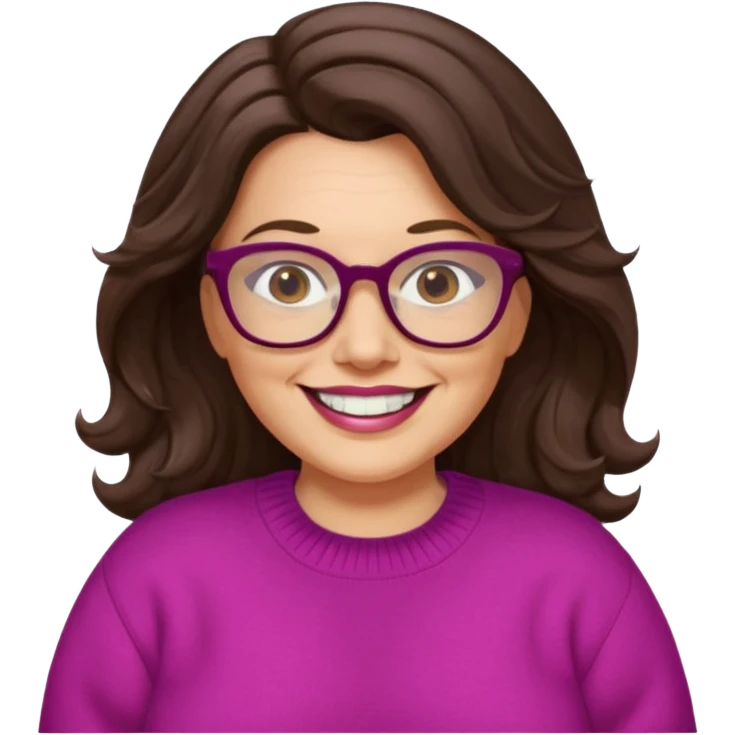 50 yr Caucasian woman, long dark brown hair parted on side, brown eyes, brown glasses, big smile, white teeth, fuscia sweater, chubby, wavy hair emoji
