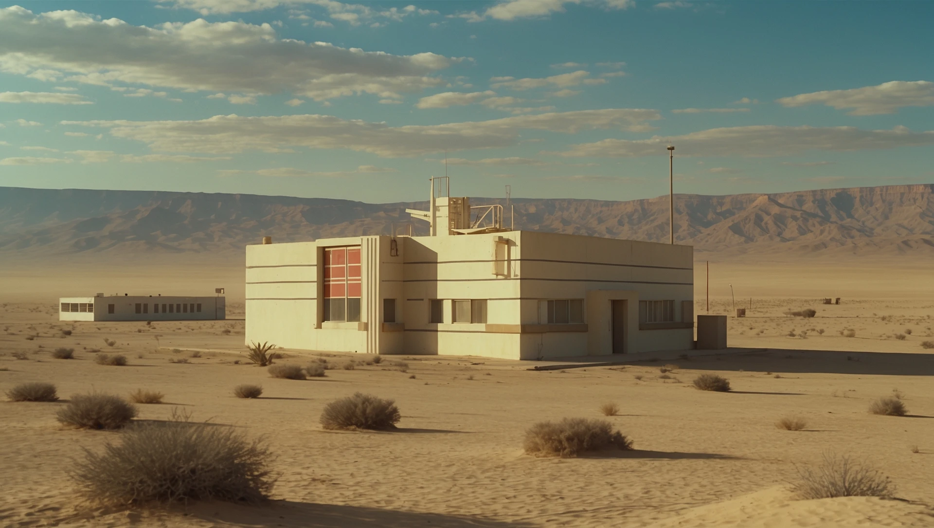 Cinematic still from 1990s Retro Space movie, film called Retro Futurism, Establishing scane showing desert with single bulding, big landscape in background showing loneliness emoji